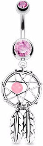 Surgical Steel Dream Catcher Woven Star Design with Bead and Feathers Fancy  Belly Navel Ring.