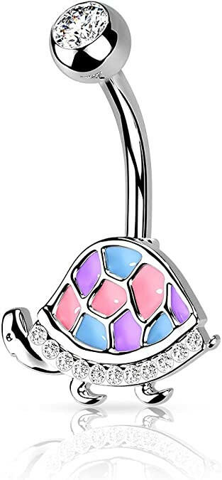 Surgical Steel Enamel and CZ Paved Turtle Belly Navel Ring.