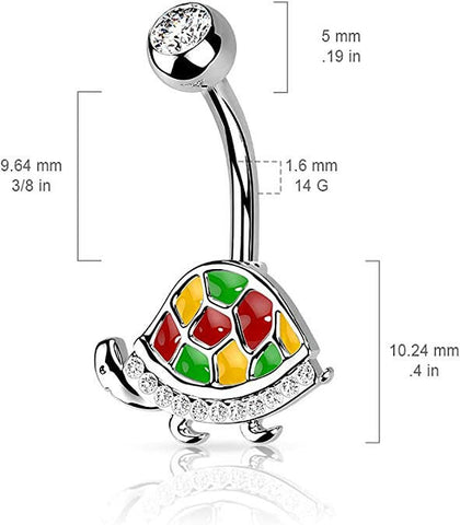 Surgical Steel Enamel and CZ Paved Turtle Belly Navel Ring.