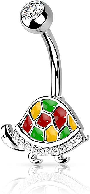 Surgical Steel Enamel and CZ Paved Turtle Belly Navel Ring.