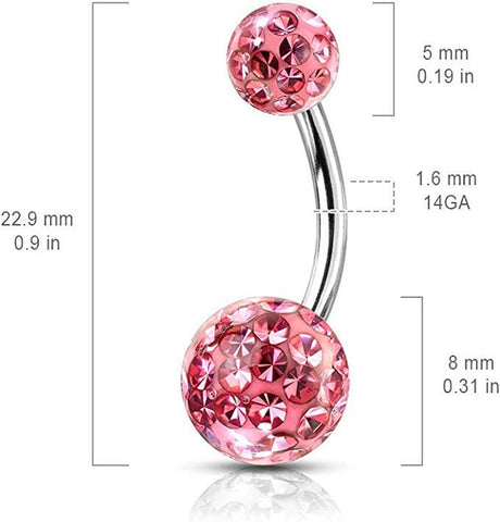 Surgical Steel Epoxy Covered Crystal Paved Balls Belly Navel Ring.