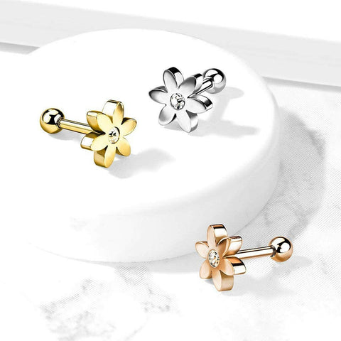 Surgical Steel Flower with CZ Solitaire Cartilage Tragus Barbell Stud - Impulse Piercings