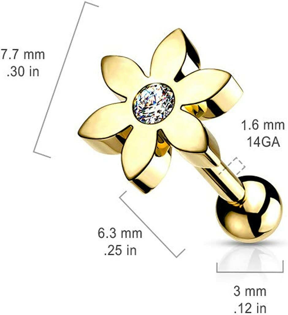 Surgical Steel Flower with CZ Solitaire Cartilage Tragus Barbell Stud - Impulse Piercings