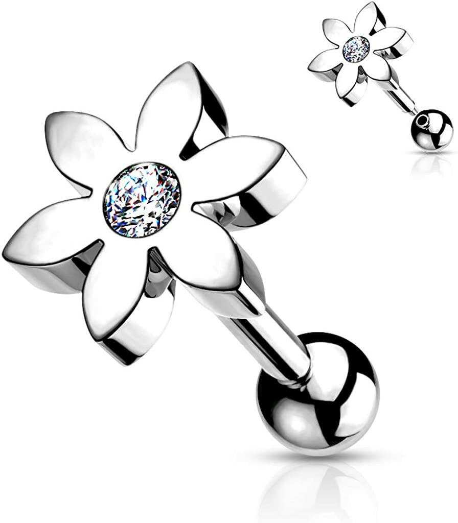 Surgical Steel Flower with CZ Solitaire Cartilage Tragus Barbell Stud - Impulse Piercings