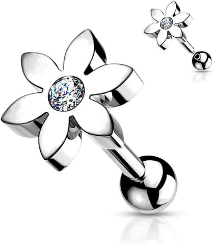 Surgical Steel Flower with CZ Solitaire Cartilage Tragus Barbell Stud - Impulse Piercings