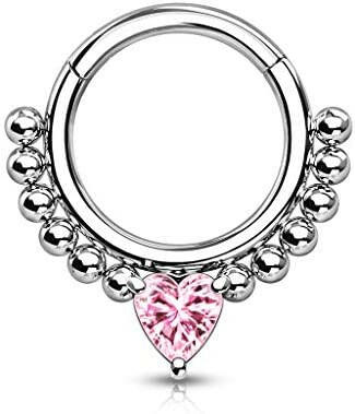 Surgical Steel Front Facing Heart CZ with beads Hinged Segment Hoop Ring - Impulse Piercings