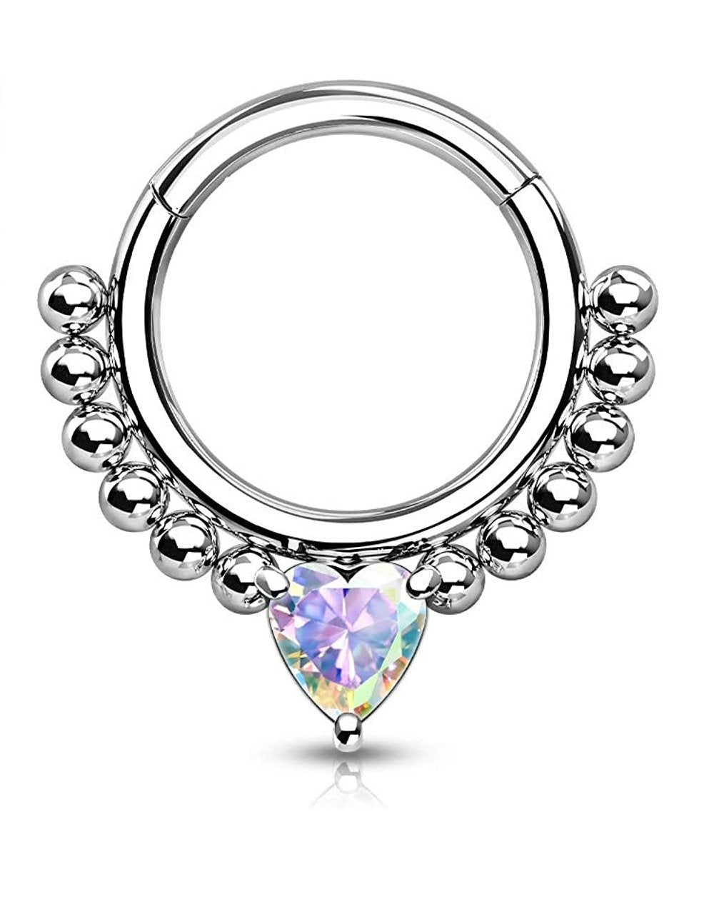 Surgical Steel Front Facing Heart CZ with beads Hinged Segment Hoop Ring - Impulse Piercings