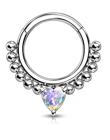 Surgical Steel Front Facing Heart CZ with beads Hinged Segment Hoop Ring - Impulse Piercings