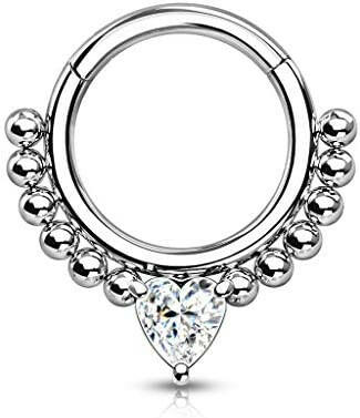 Surgical Steel Front Facing Heart CZ with beads Hinged Segment Hoop Ring - Impulse Piercings