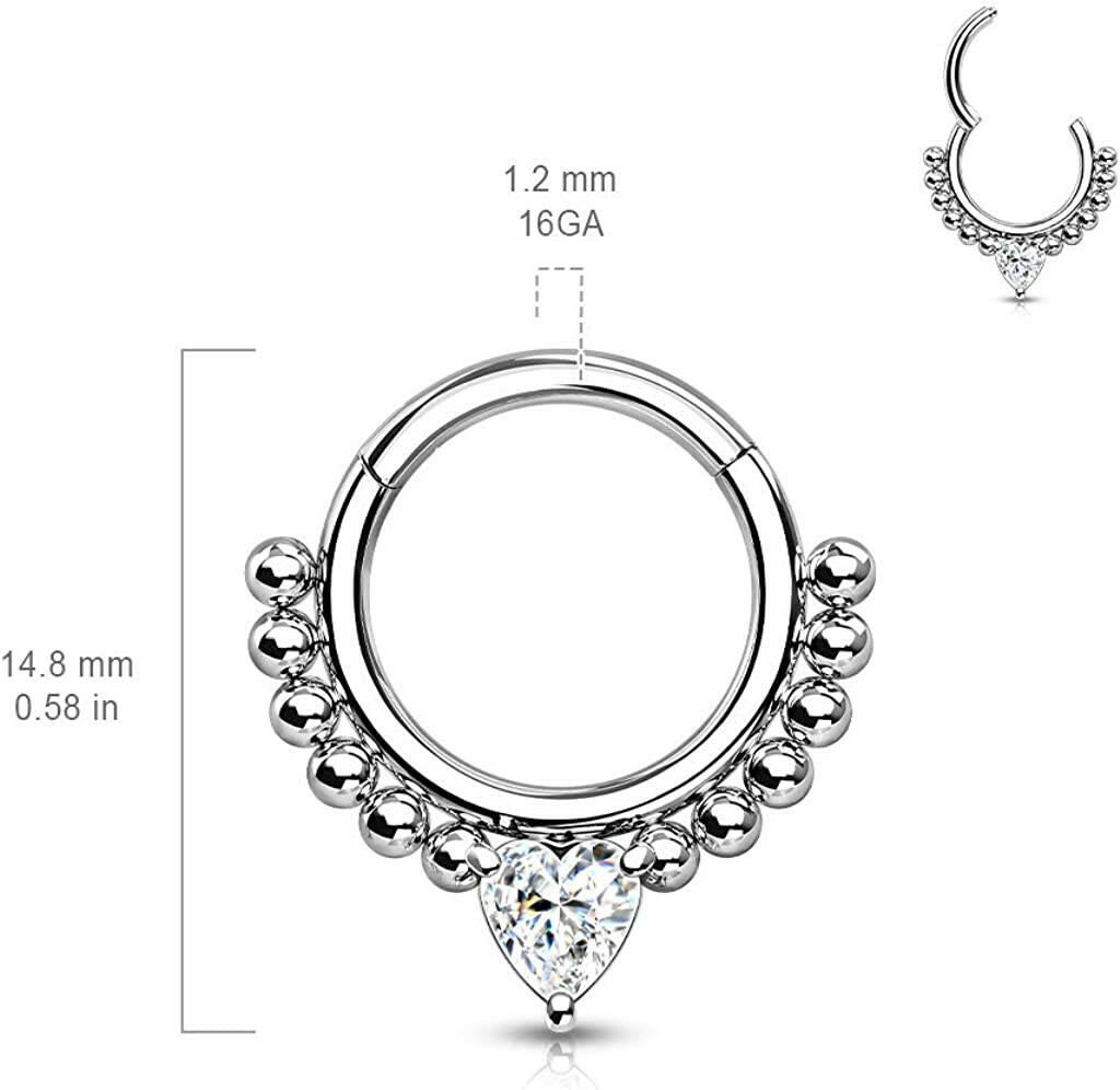 Surgical Steel Front Facing Heart CZ with beads Hinged Segment Hoop Ring - Impulse Piercings