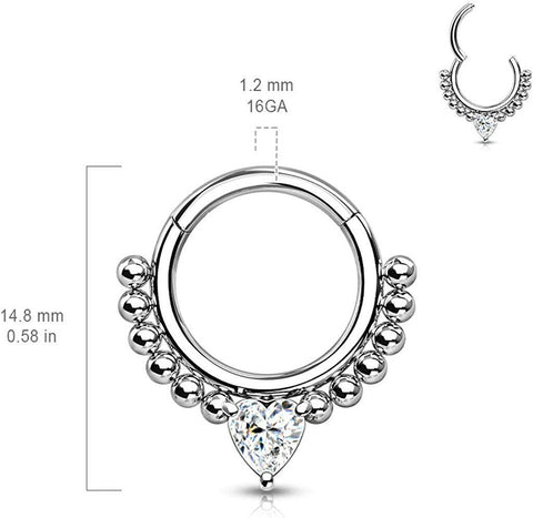 Surgical Steel Front Facing Heart CZ with beads Hinged Segment Hoop Ring - Impulse Piercings