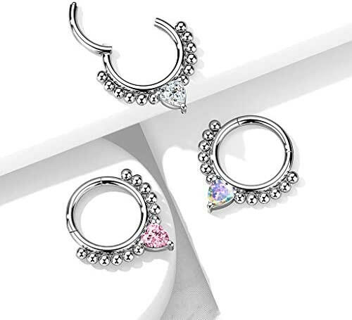 Surgical Steel Front Facing Heart CZ with beads Hinged Segment Hoop Ring - Impulse Piercings