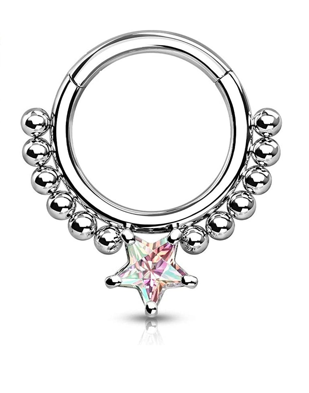 Surgical Steel Front Facing Star CZ with beads Hinged Segment Hoop Ring - Impulse Piercings