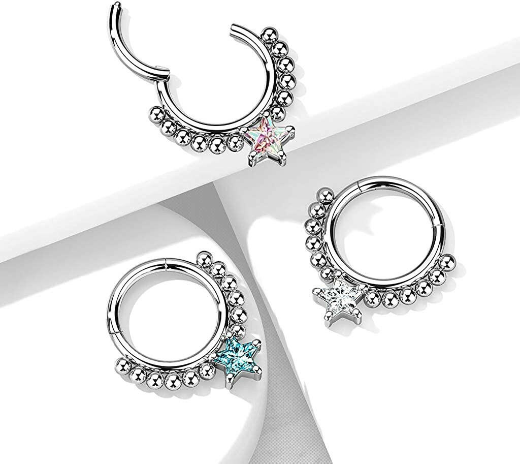 Surgical Steel Front Facing Star CZ with beads Hinged Segment Hoop Ring - Impulse Piercings