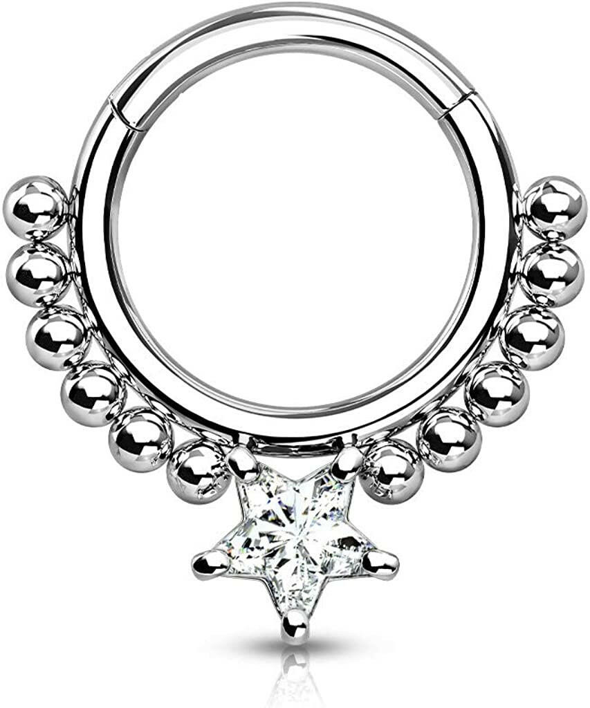 Surgical Steel Front Facing Star CZ with beads Hinged Segment Hoop Ring - Impulse Piercings