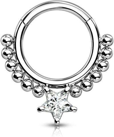 Surgical Steel Front Facing Star CZ with beads Hinged Segment Hoop Ring - Impulse Piercings