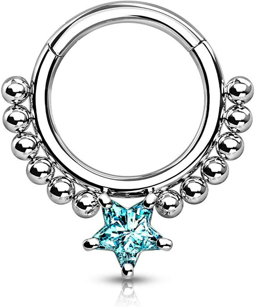 Surgical Steel Front Facing Star CZ with beads Hinged Segment Hoop Ring - Impulse Piercings