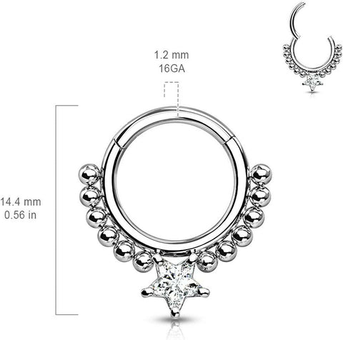 Surgical Steel Front Facing Star CZ with beads Hinged Segment Hoop Ring - Impulse Piercings