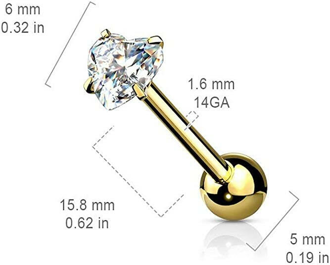 Surgical Steel Heart CZ Barbell Tongue Rings - Impulse Piercings