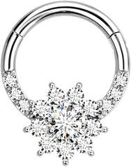 Surgical Steel Hinged Segment With Front Facing CZ Set Flower Ring.