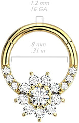 Surgical Steel Hinged Segment With Front Facing CZ Set Flower Ring.