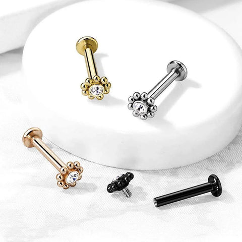 Surgical Steel Internal Thread Steel Balls Around Gem Ball Top Flat Back Studs for Labret Monroe Ear Cartilage - Impulse Piercings