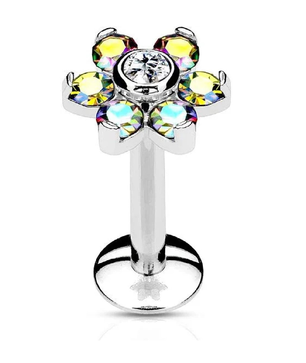 Surgical Steel Internally Threaded 6-Gem Flower Top Labret Monroe Cartilage Studs - Impulse Piercings