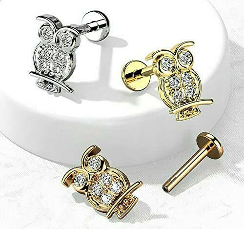 Surgical Steel Internally Threaded CZ Paved Owl Top Flat Back Stud for Labret Monroe Cartilage.