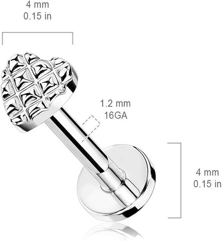 Surgical Steel Internally Threaded Diamond Embossed Heart Flat Back Stud for Labret Monroe Cartilage - Impulse Piercings