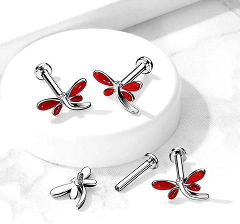 Surgical Steel Internally Threaded Dragonfly Top on Flat Back Stud for Labret Monroe Cartilage - Impulse Piercings