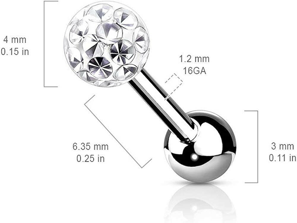 Surgical Steel Internally Threaded  Epoxy Covered Crystal Paved Ball Top Cartilage Barbells - Impulse Piercings