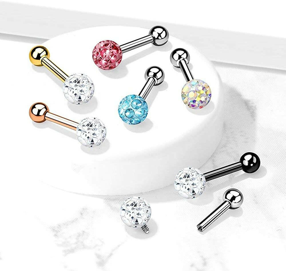 Surgical Steel Internally Threaded  Epoxy Covered Crystal Paved Ball Top Cartilage Barbells - Impulse Piercings