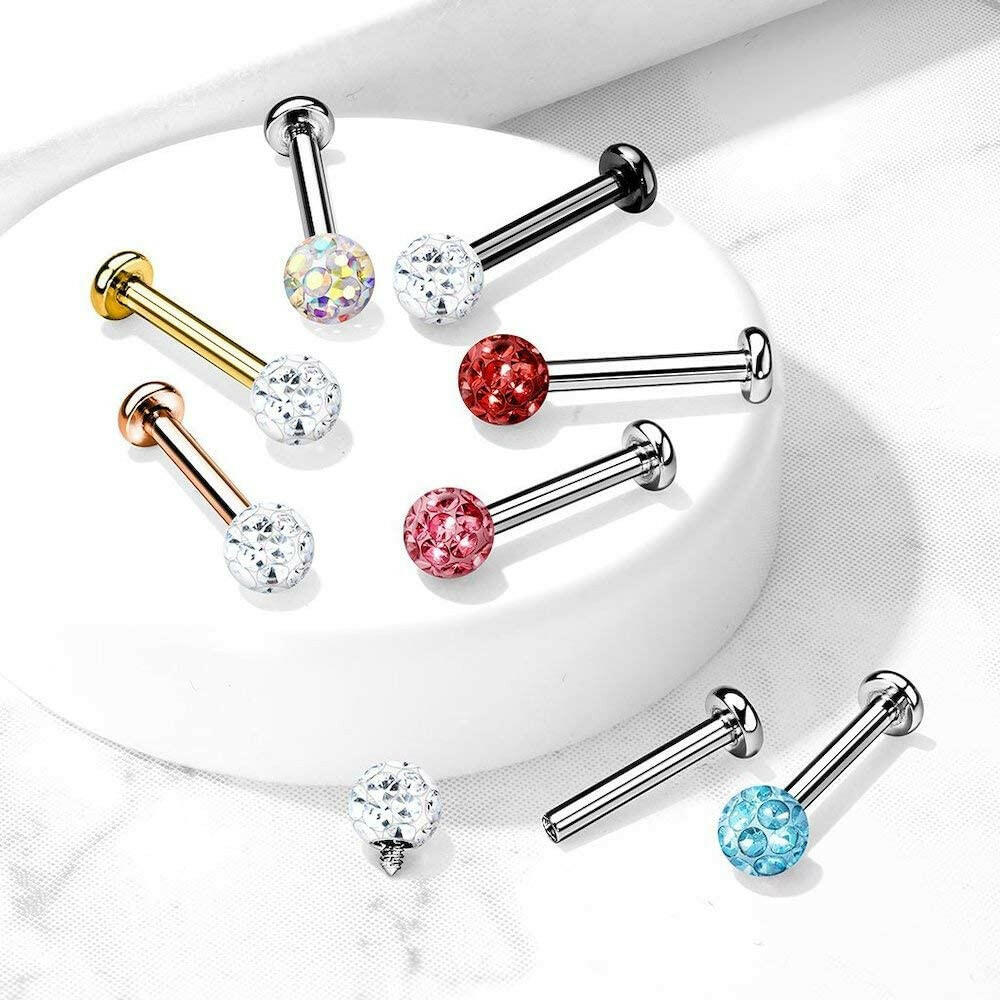 Surgical Steel Internally Threaded Epoxy Covered Crystal Paved Ball Top Flat Back Studs for Labret Monroe Cartilage - Impulse Piercings