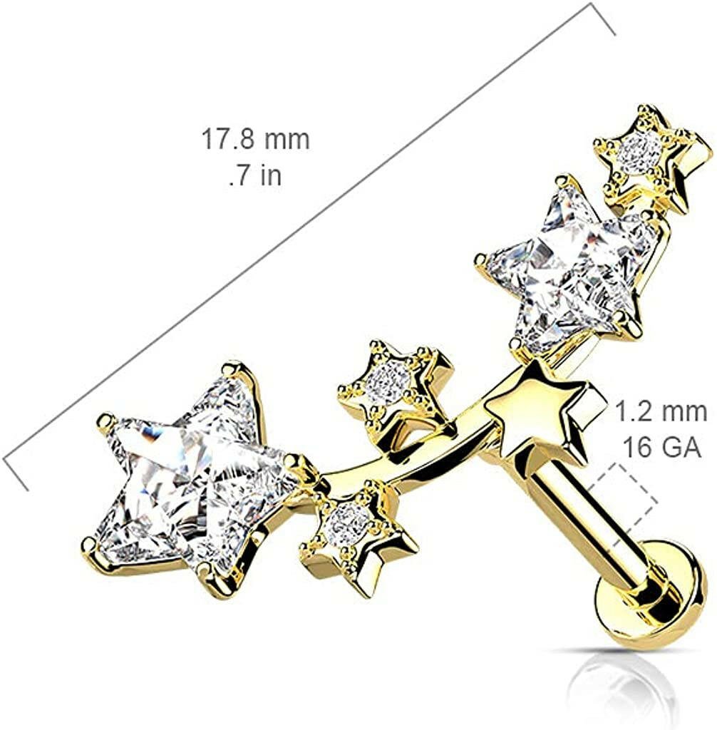 Surgical Steel Internally Threaded Multi Star CZ Vine Top Flat Back Stud for Labret Monroe Cartilage - Impulse Piercings