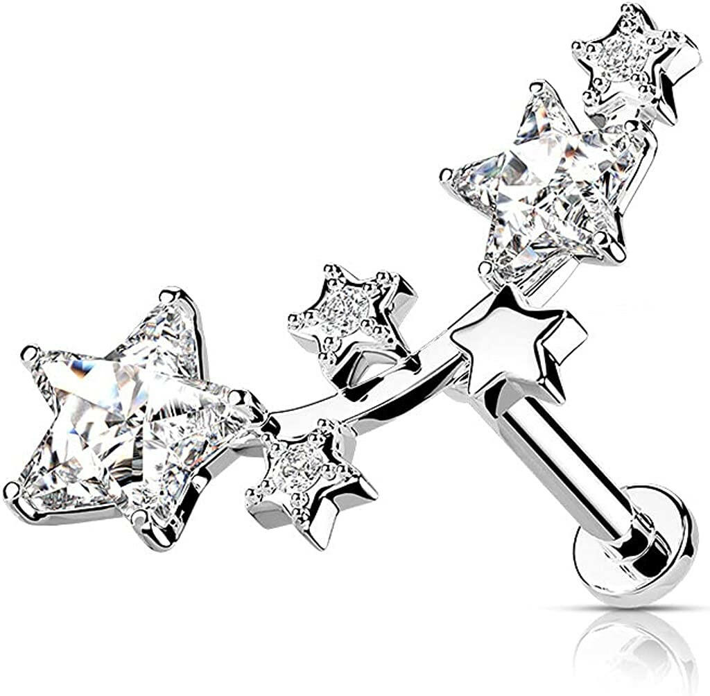 Surgical Steel Internally Threaded Multi Star CZ Vine Top Flat Back Stud for Labret Monroe Cartilage - Impulse Piercings