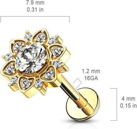 Surgical Steel Internally Threaded Paved CZ Flower with Round CZ Center Flat Back Studs for Labret Monroe Ear Cartilage - Impulse Piercings