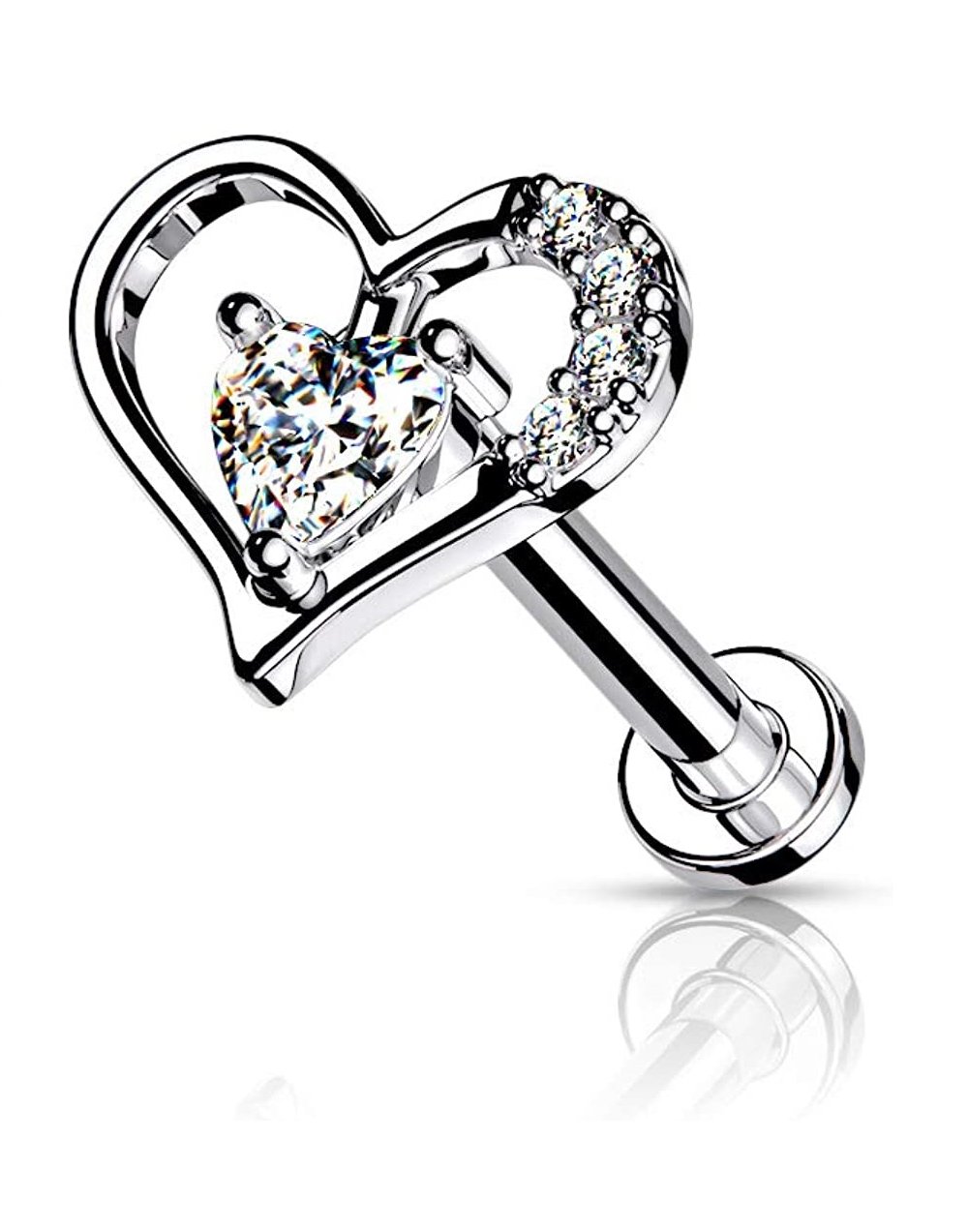 Surgical Steel Internally Threaded Paved Heart Contour with Heart CZ Solitaire on Flat Back Stud for Labret Monroe Cartilage - Impulse Piercings