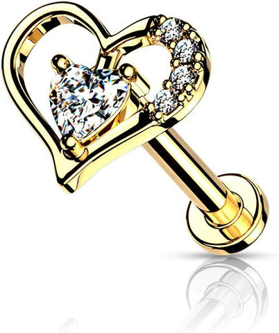 Surgical Steel Internally Threaded Paved Heart Contour with Heart CZ Solitaire on Flat Back Stud for Labret Monroe Cartilage - Impulse Piercings