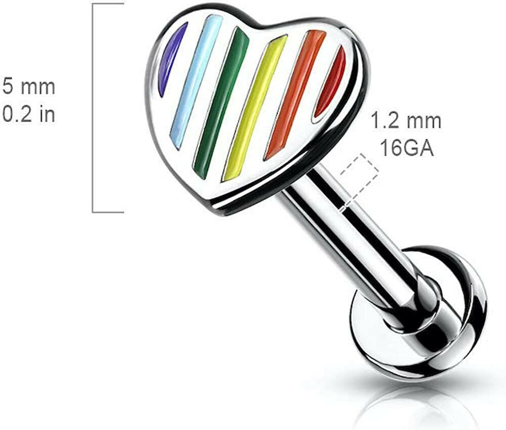 Surgical Steel Internally Threaded Rainbow Striped Heart Top Flat Back Studs for Labret Monroe Ear Cartilage - Impulse Piercings