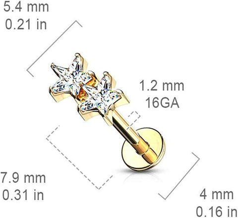 Surgical Steel Internally Threaded Twin CZ Star Top Flat Back Studs for Labret Monroe Ear Cartilage - Impulse Piercings