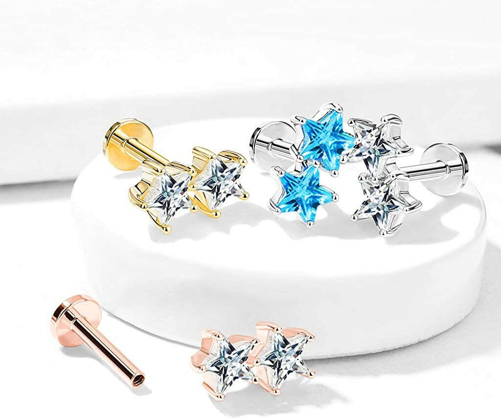 Surgical Steel Internally Threaded Twin CZ Star Top Flat Back Studs for Labret Monroe Ear Cartilage - Impulse Piercings