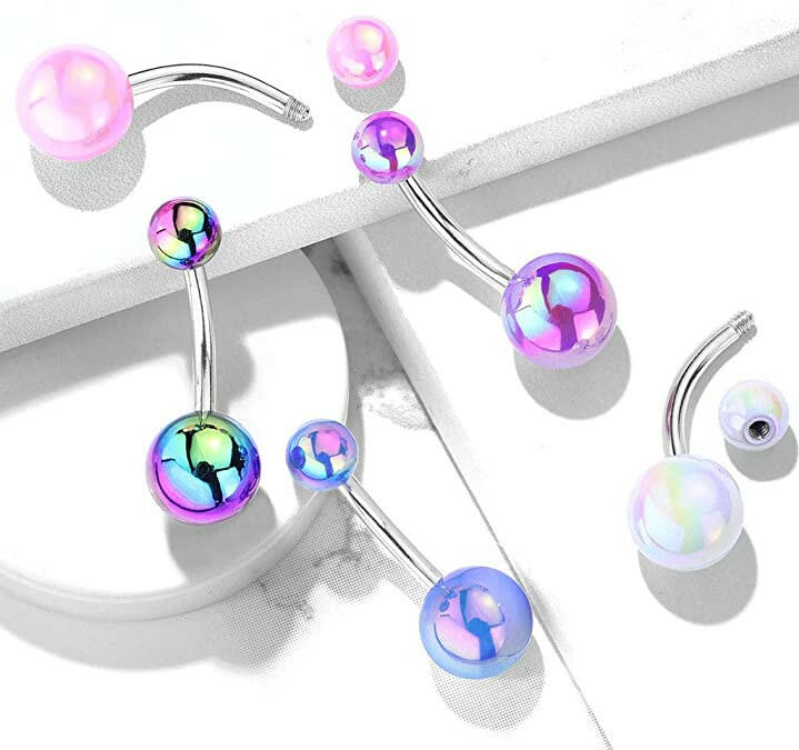 Surgical Steel Metallic AB Coating Balls Over Belly Navel Ring.