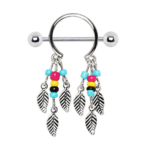 Surgical Steel Multi-Colored Beads Feather Dangle Nipple Shield.