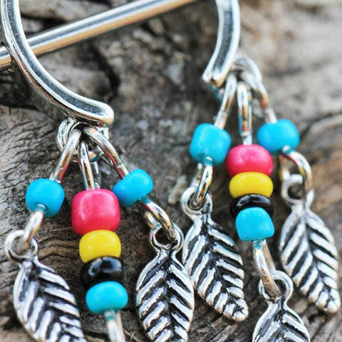 Surgical Steel Multi-Colored Beads Feather Dangle Nipple Shield - Impulse Piercings