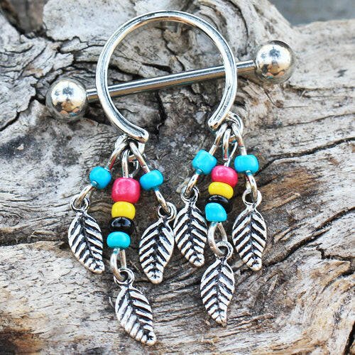 Surgical Steel Multi-Colored Beads Feather Dangle Nipple Shield - Impulse Piercings