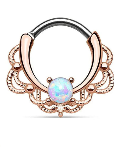 Surgical Steel Opal Centered Filigree Rose Gold Plated Round Bar Nose Septum Ear Cartilage Clicker Ring - Impulse Piercings