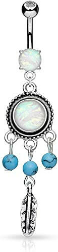 Surgical Steel Opal Glitter Center with Turquoise Beads Dream Cathcher Dangle Belly Navel Ring.