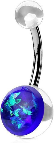 Surgical Steel Opal Glitter On Clear Acrylic Ball Belly Navel Ring.