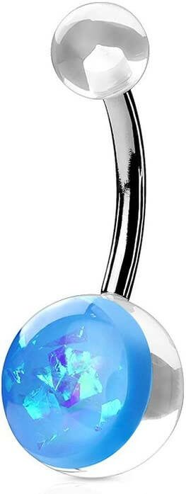 Surgical Steel Opal Glitter On Clear Acrylic Ball Belly Navel Ring.