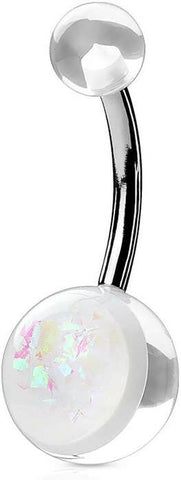 Surgical Steel Opal Glitter On Clear Acrylic Ball Belly Navel Ring.